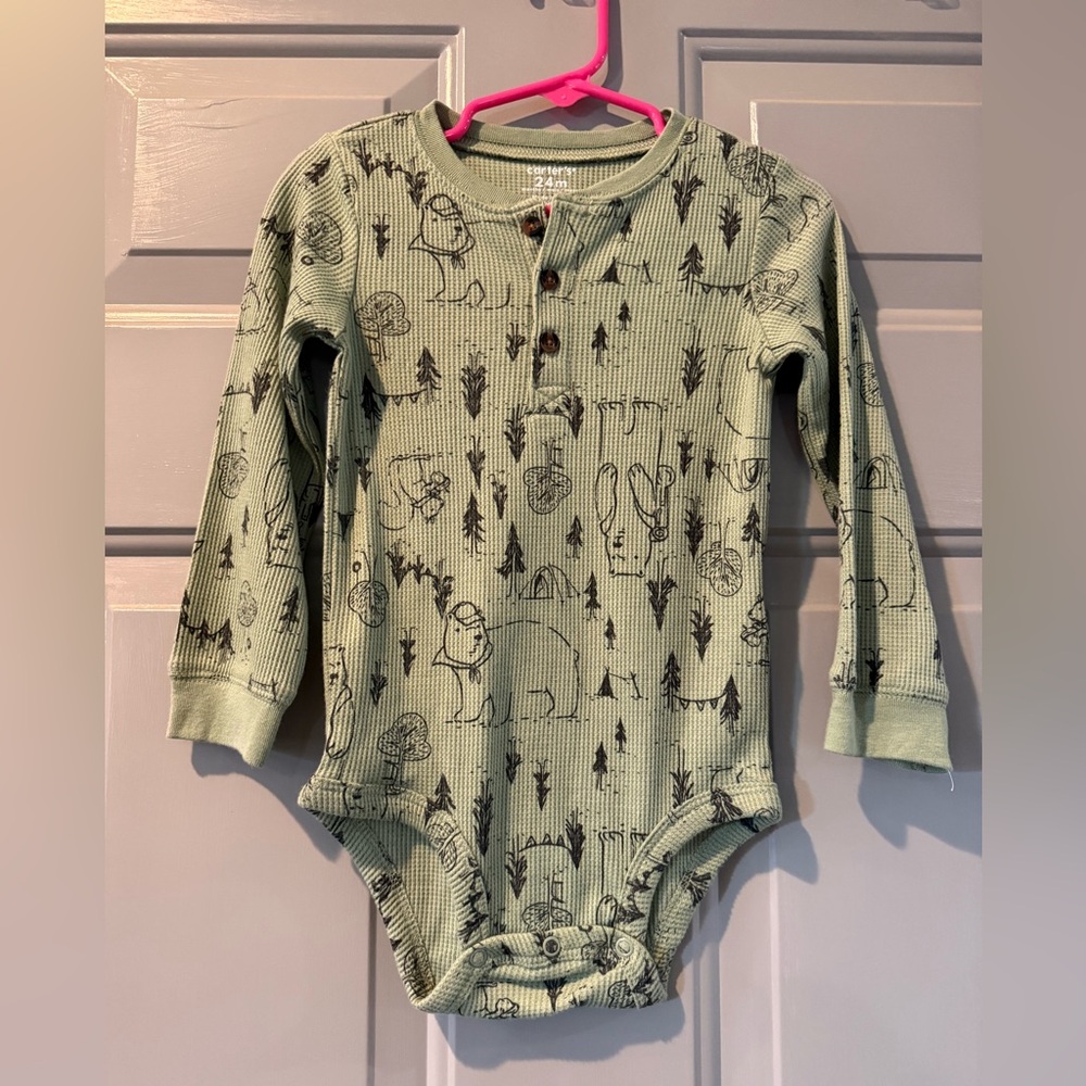 Green Long Sleeve Baby Onesie with Animal Print